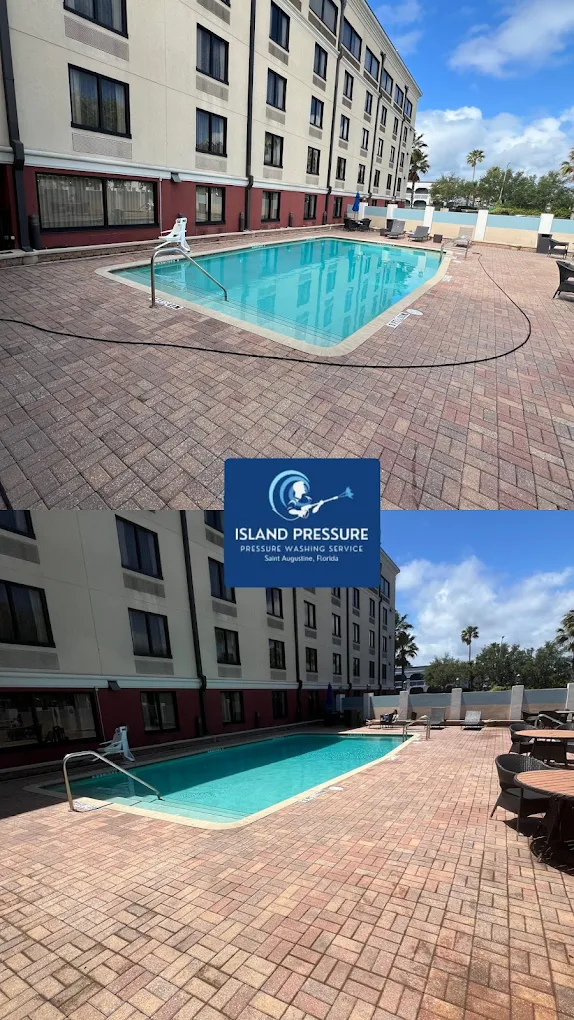 Before and after commercial pool deck pressure washing St. Augustine