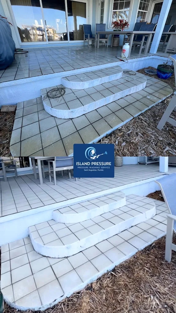 Before and after pool patio tile pressure washing