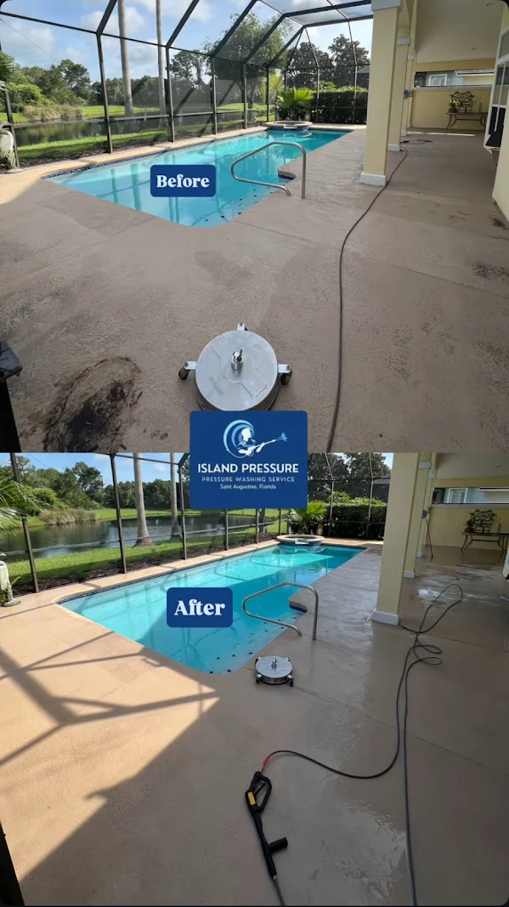 Before and after pool deck pressure washing Northeast Florida